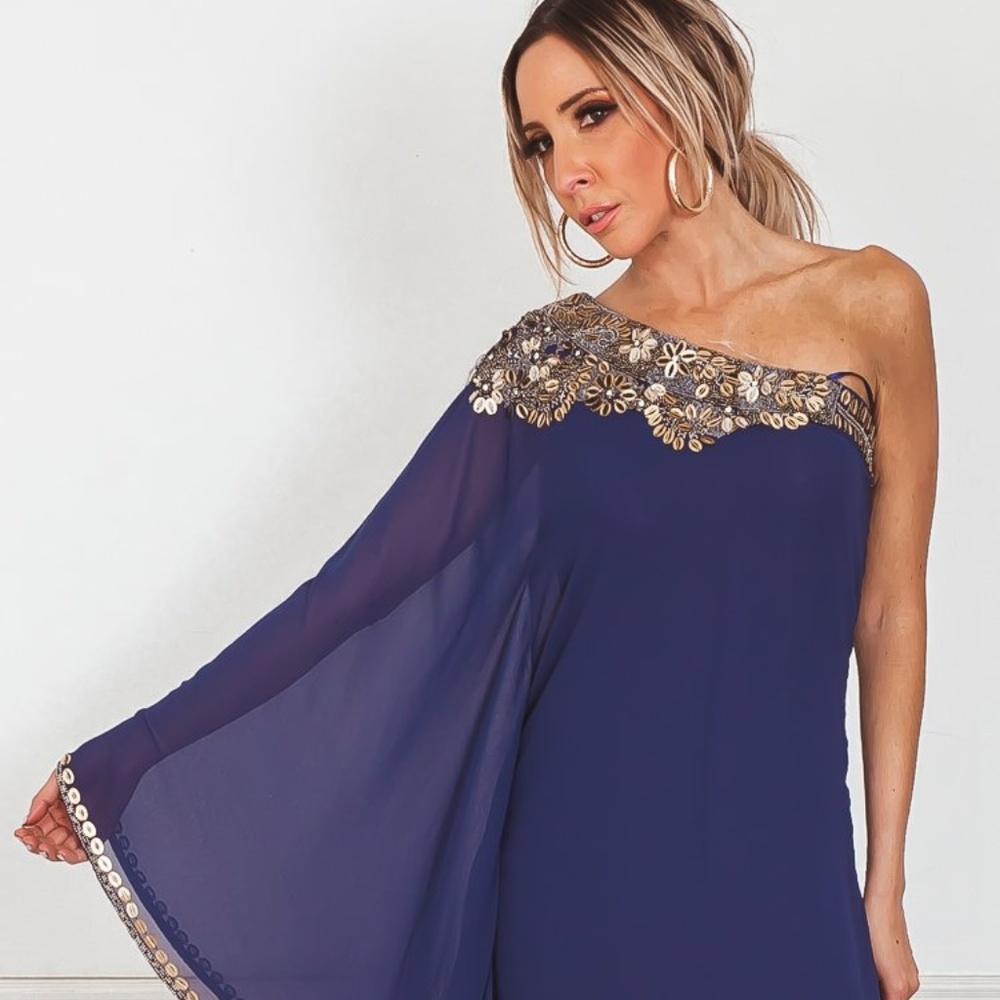 One-Shoulder Draped Dress with Embellishment